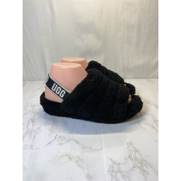 Women's Sz 7 M Ugg Fluff Yeah Black Genuine Shearling Slide Sandal - Picture 2 of 10
